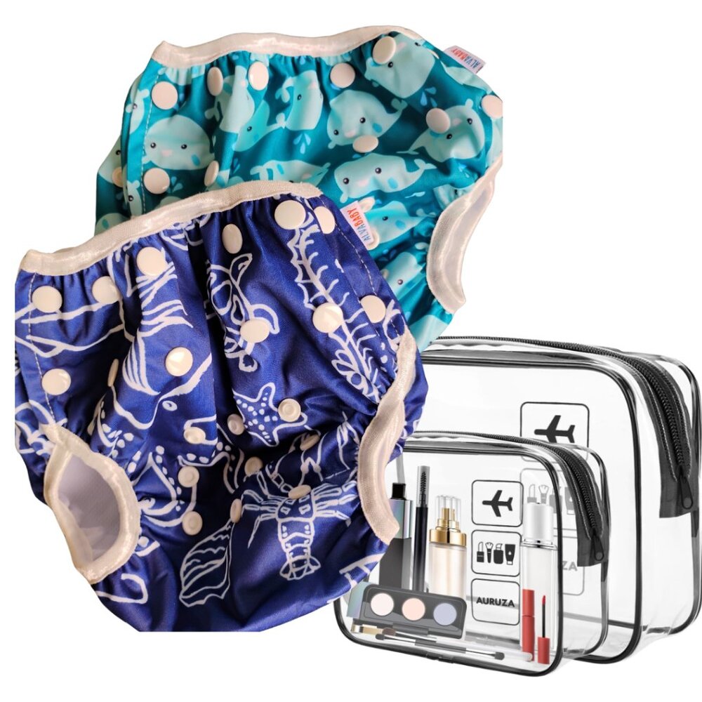 BABY BOY SWIM DIAPER 2 PK ADJUSTABLE W WATERPROOF TRAVEL BAG SET FOR WET CLOTHES